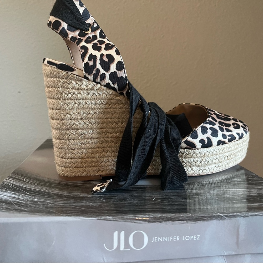 JLO ankle wrapped leopard wedges size 10